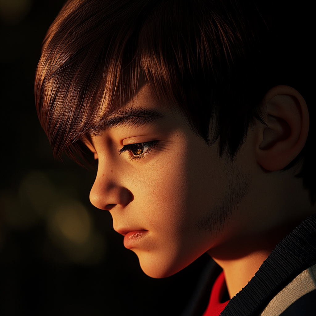 Nahaufnahme eines traurigen, in Gedanken versunkenen Jungen | Quelle: Midjourney