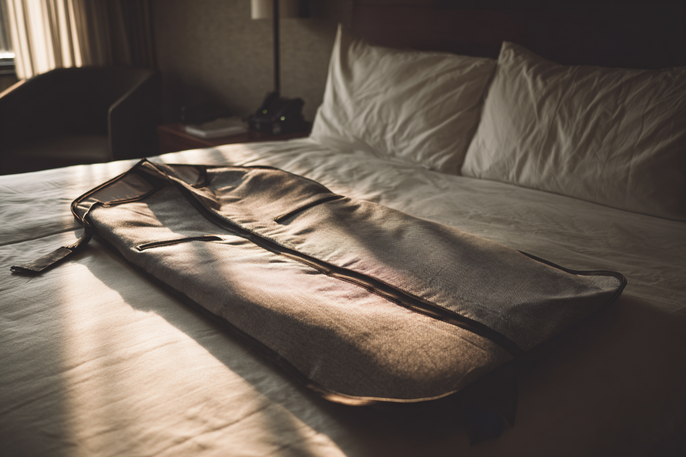 Ein Kleidersack, der auf einem Bett liegt | Quelle: Midjourney