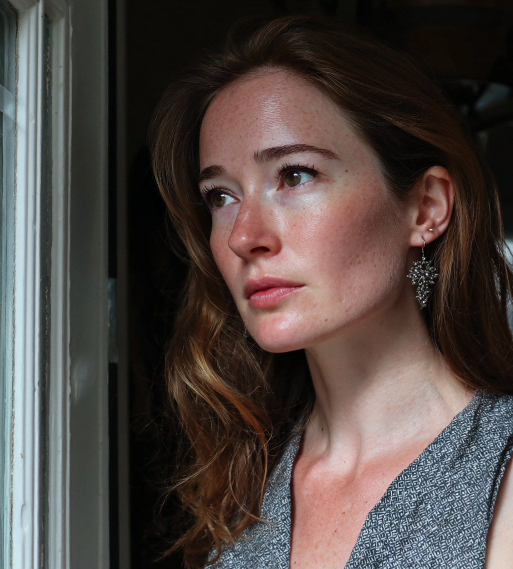 Eine nachdenkliche Frau, die in einem Hauseingang steht | Quelle: Midjourney