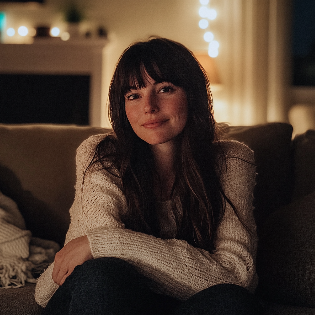 Eine lächelnde Frau, die auf einer Couch sitzt | Quelle: Midjourney