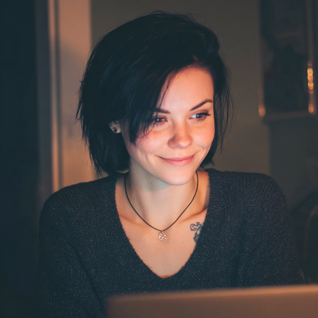 Eine lächelnde Frau an ihrem Laptop | Quelle: Midjourney