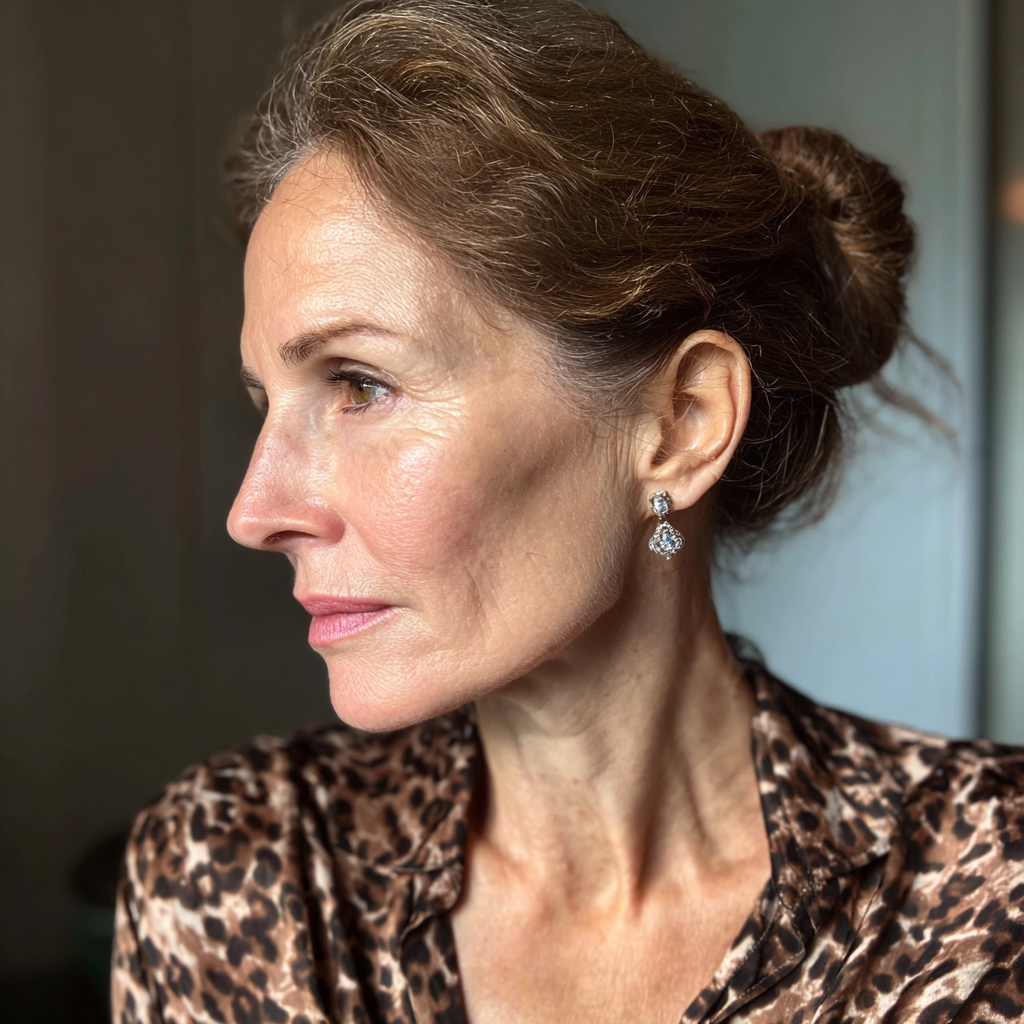 Eine Seitenansicht einer Frau mit Diamantohrringen | Quelle: Midjourney