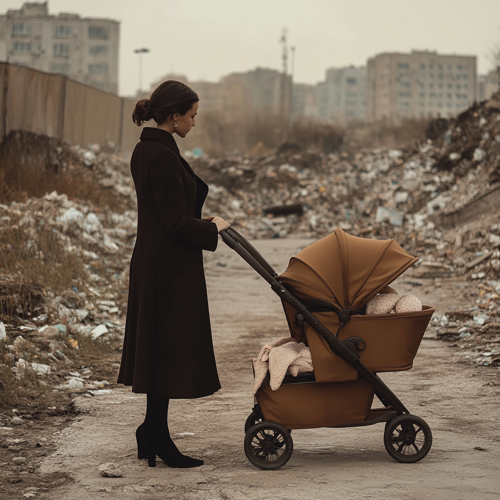 Wohlhabende Frau mit einem Kinderwagen auf einer Müllkippe | Quelle: Midjourney