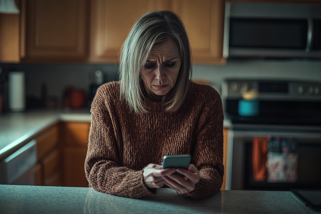 Eine ältere Frau hält ein Telefon in einer Küche und schaut traurig: Midjourney