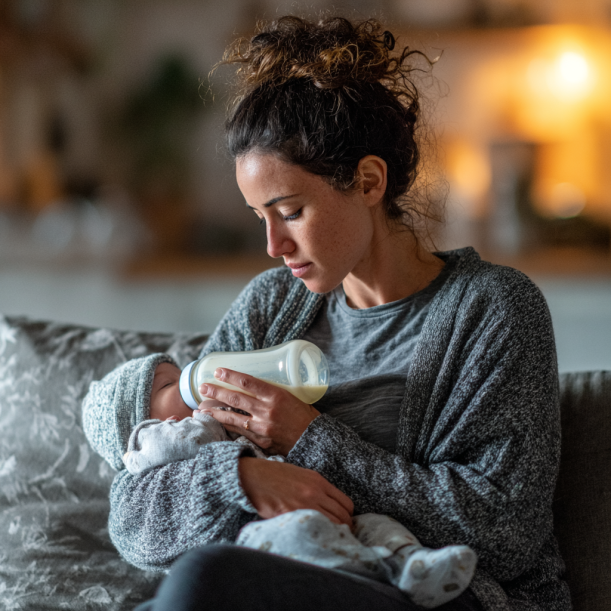 Eine müde Mutter, die ihr Baby füttert | Quelle: Midjourney