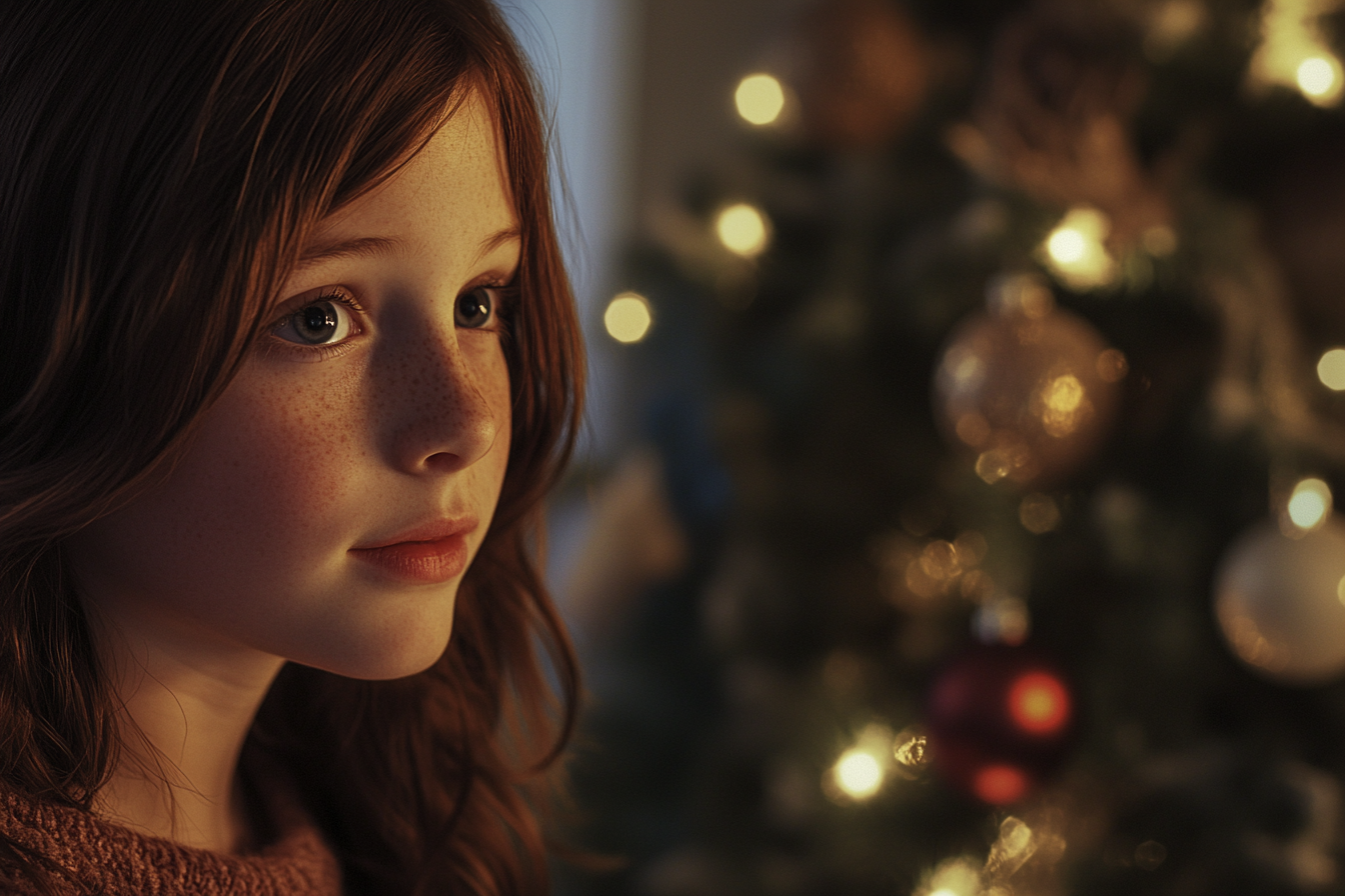 Ein Mädchen steht neben einem Weihnachtsbaum | Quelle: Midjourney