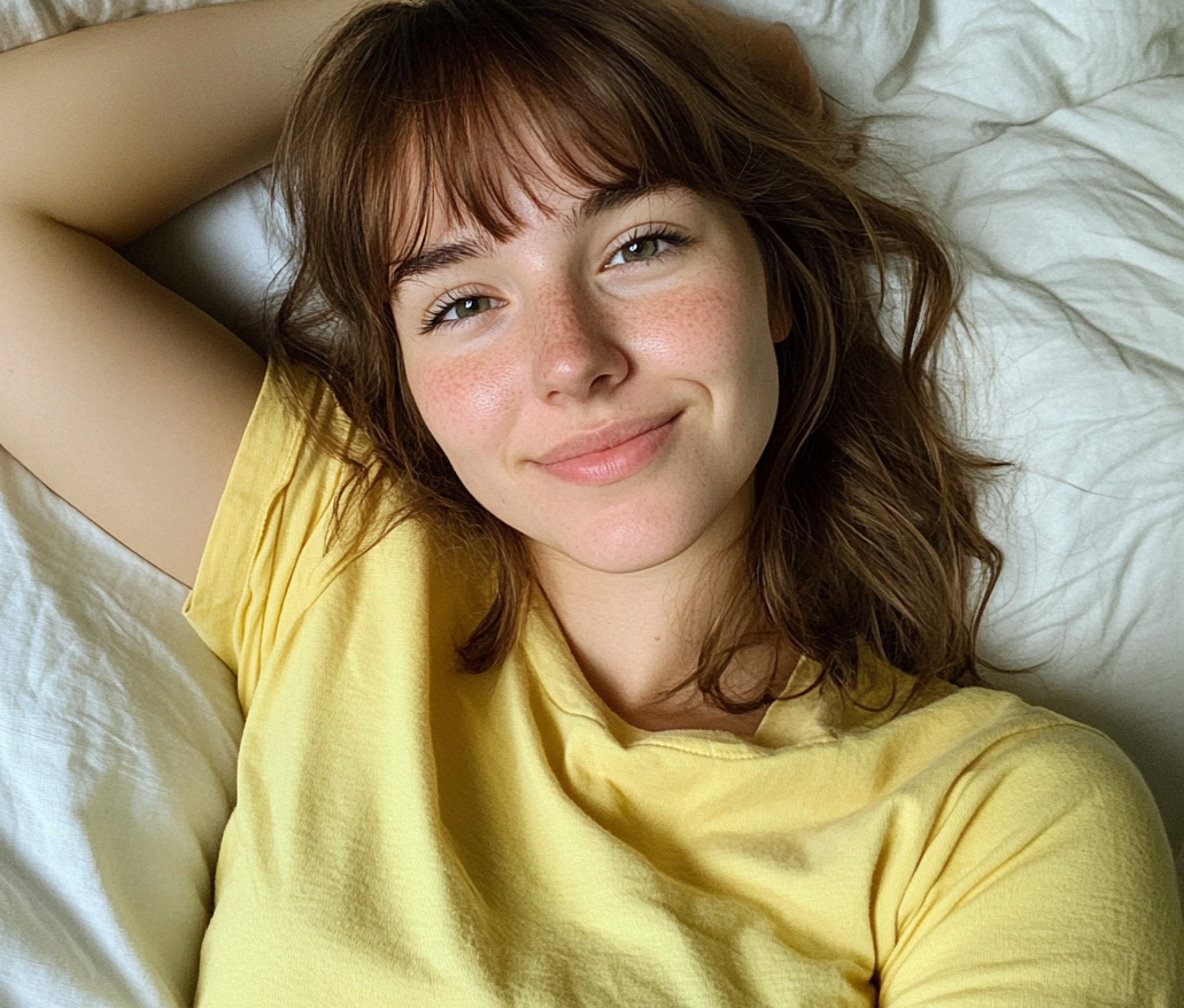 Eine lächelnde Frau, die auf einem Bett liegt | Quelle: Midjourney