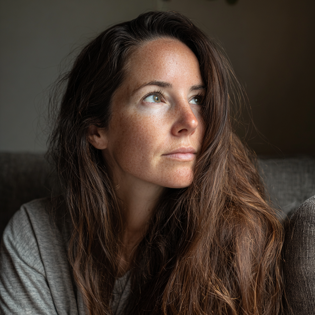 Eine nachdenkliche Frau sitzt auf einer Couch | Quelle: Midjourney