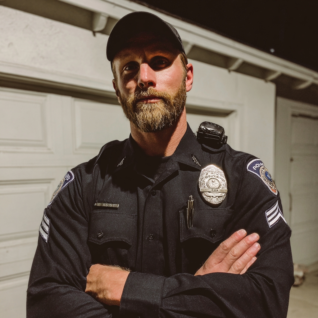 Ein Polizist, der mit verschränkten Armen steht | Quelle: Midjourney