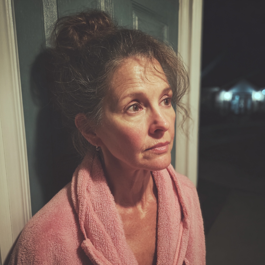 Eine besorgte Frau, die an der Haustür steht | Quelle: Midjourney