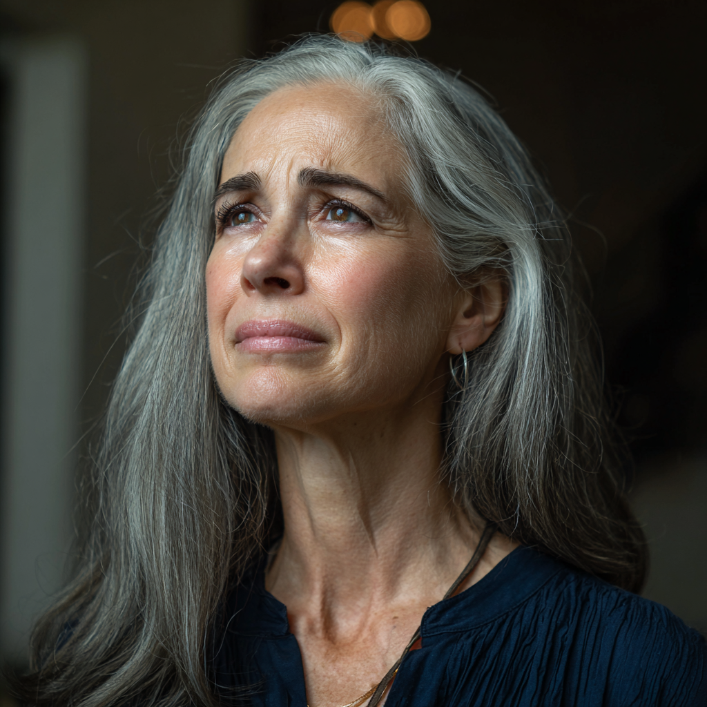 Eine emotionale ältere Frau in einer marineblauen Bluse | Quelle: Midjourney