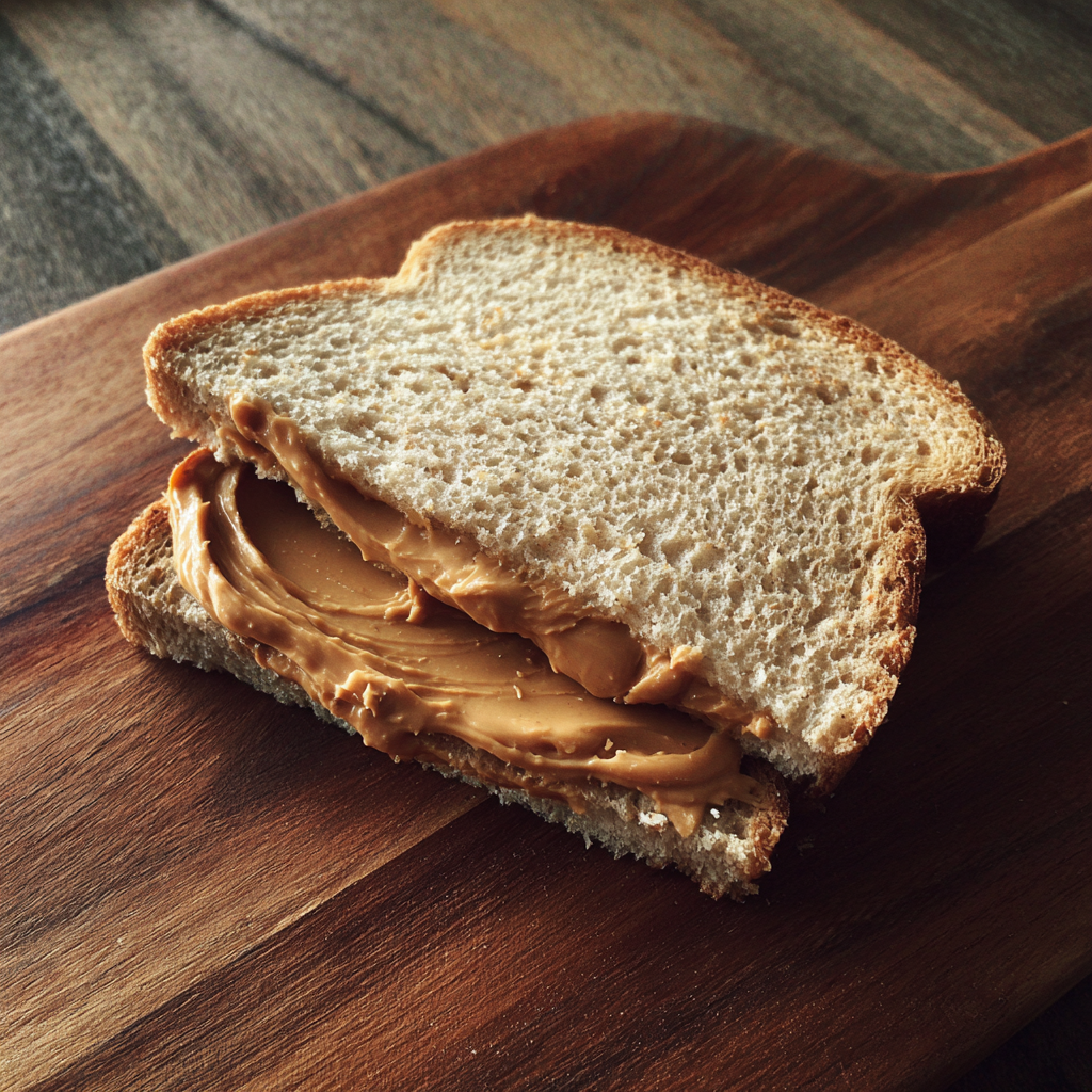 Ein Erdnussbuttersandwich auf einem Holzbrett | Quelle: Midjourney