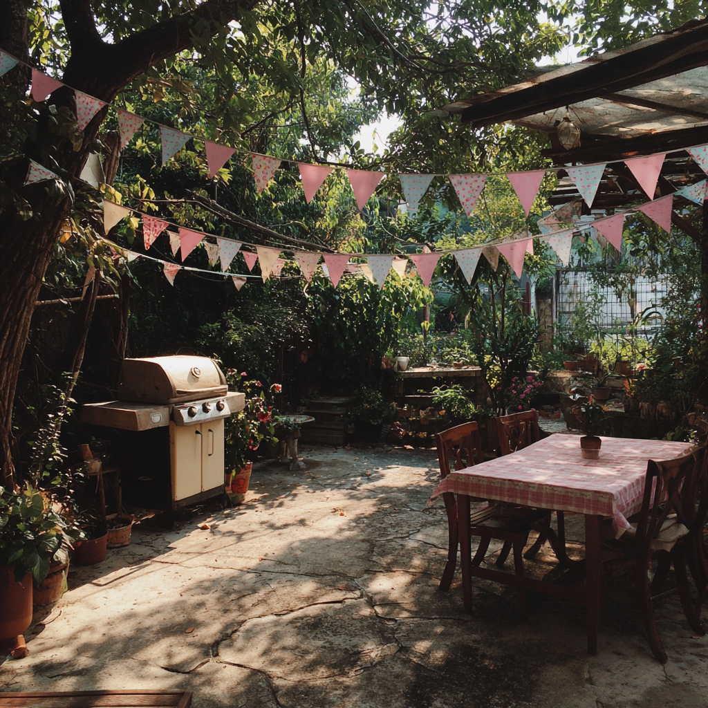 Ein für eine Grillparty dekorierter Hinterhof | Quelle: Midjourney