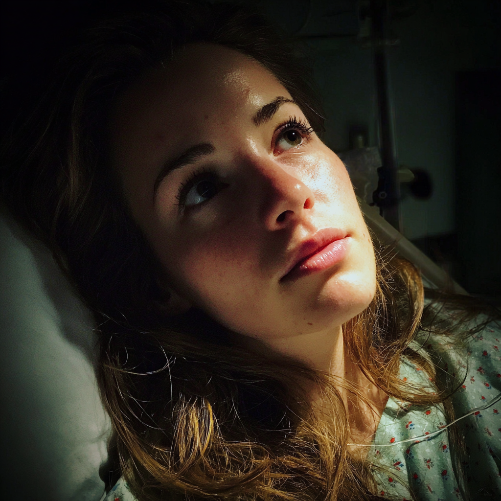 Eine nachdenkliche Frau in einem Krankenhausbett | Quelle: Midjourney
