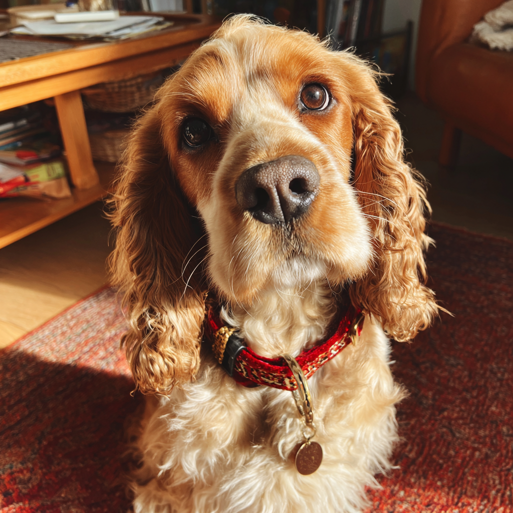 Ein Hund mit einem rot-goldenen Halsband | Quelle: Midjourney