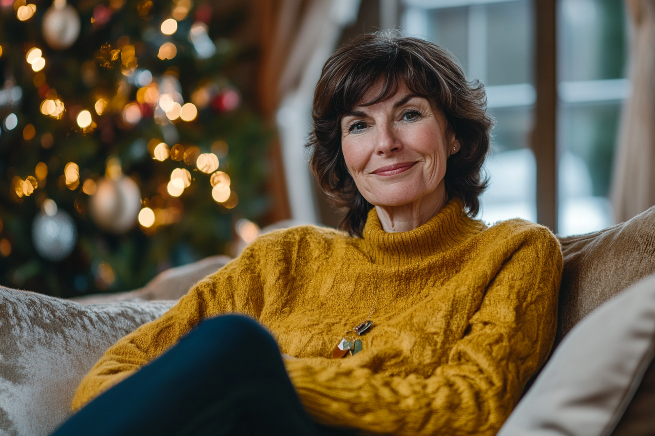 Eine reife Frau, die auf einem Sofa sitzt und süffisant lächelt | Quelle: Midjourney