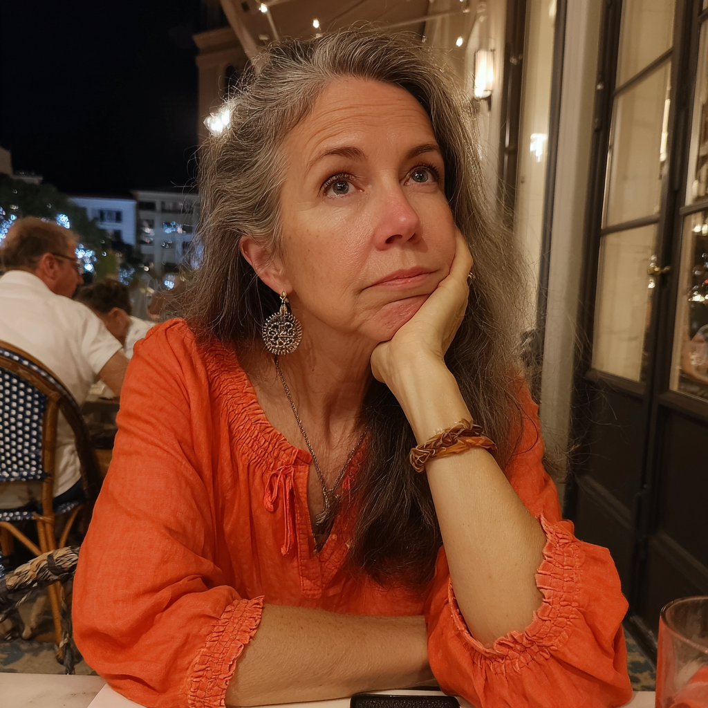 Eine ältere Frau trägt eine orangefarbene Bluse | Quelle: Midjourney