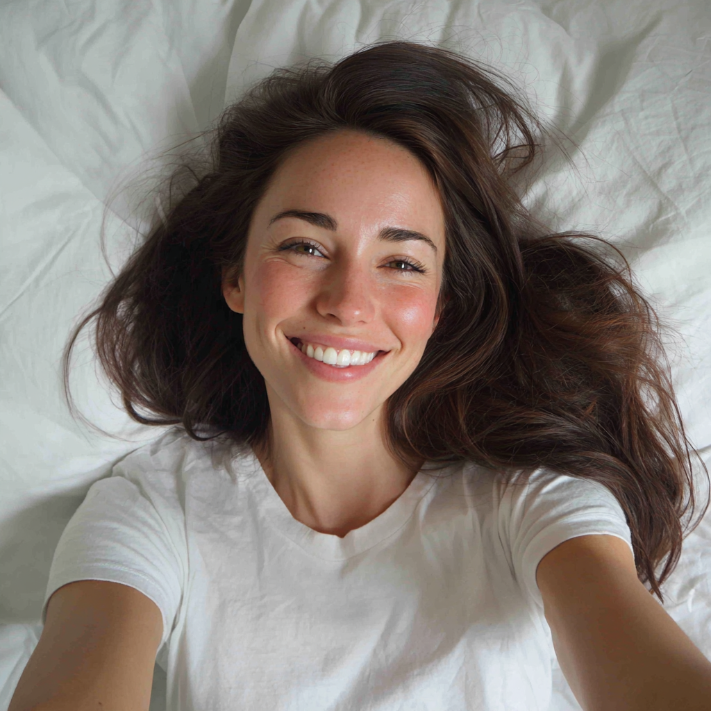Eine lächelnde Frau, die im Bett liegt | Quelle: Midjourney