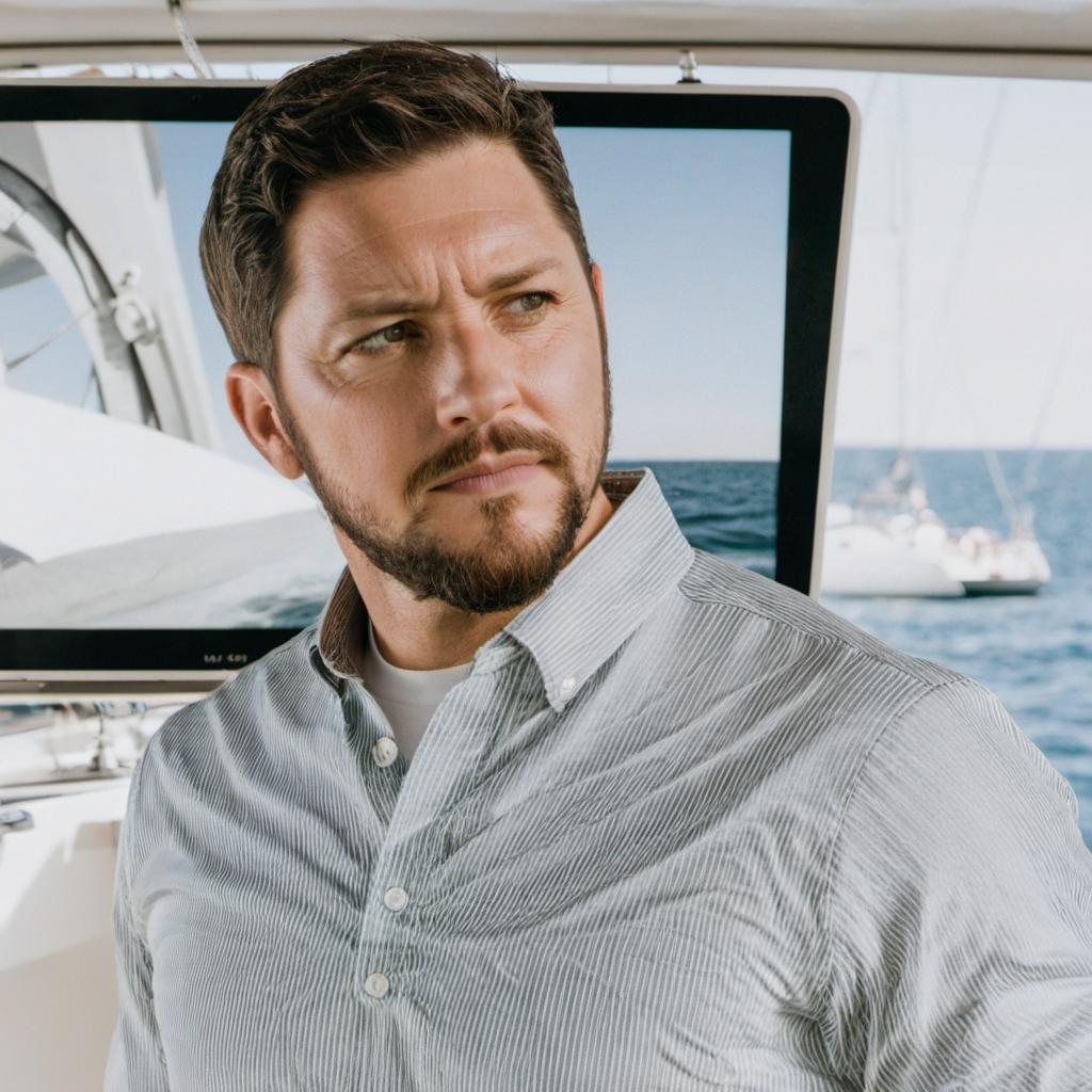 Eine Nahaufnahme eines ernst dreinblickenden Mannes auf einer Yacht | Quelle: Midjourney