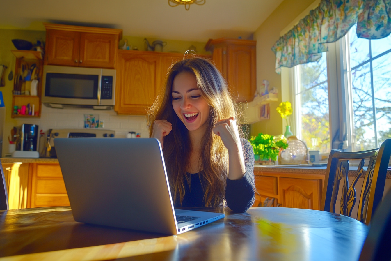Eine triumphierende Frau, die auf ihren Laptop-Bildschirm starrt | Quelle: Midjourney