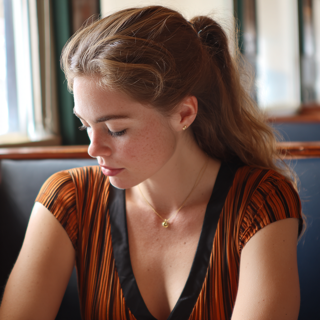 Eine junge Frau, die an einem Tisch sitzt und auf ihren Schoß hinunterschaut | Quelle: Midjourney