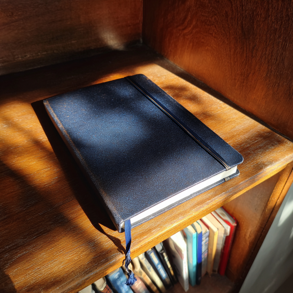 Ein marineblaues Notizbuch in einem Bücherregal | Quelle: Midjourney