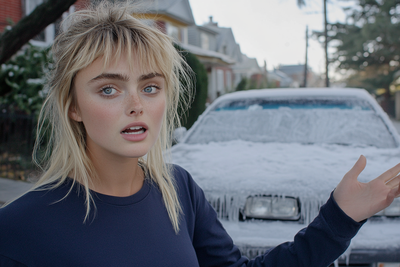 Eine Frau gestikuliert zu ihrem eingefrorenen Auto | Quelle: Midjourney