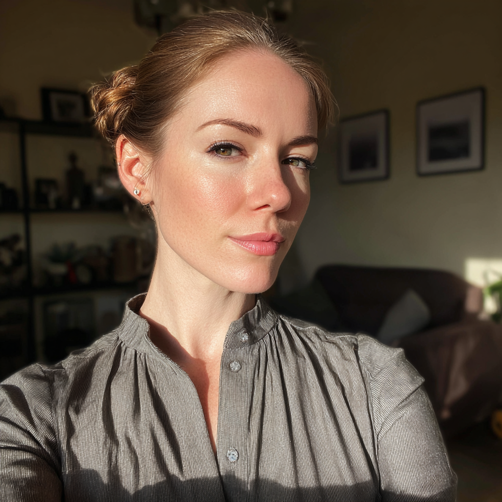 Eine Frau, die ein graues Hemd trägt | Quelle: Midjourney