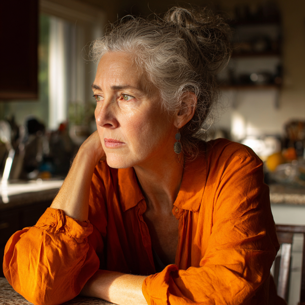 Eine besorgte ältere Frau sitzt an einem Tisch | Quelle: Midjourney
