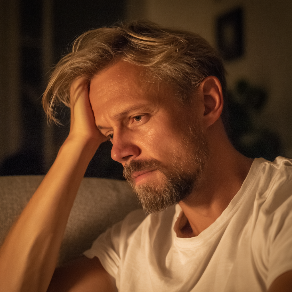 Ein aufgebrachter Mann sitzt auf einer Couch | Quelle: Midjourney