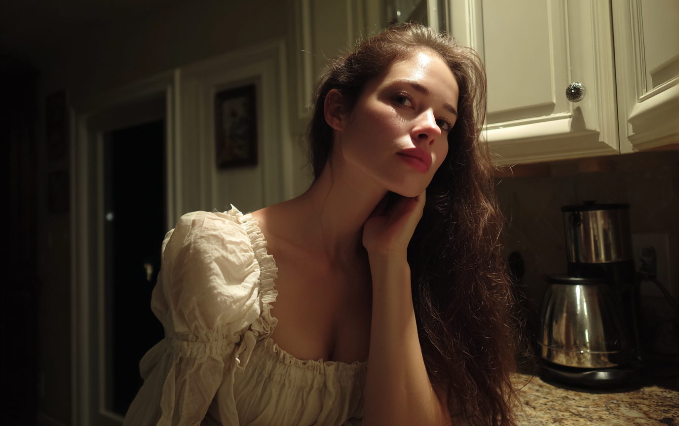 Eine Frau lehnt an einem Küchentisch | Quelle: Midjourney