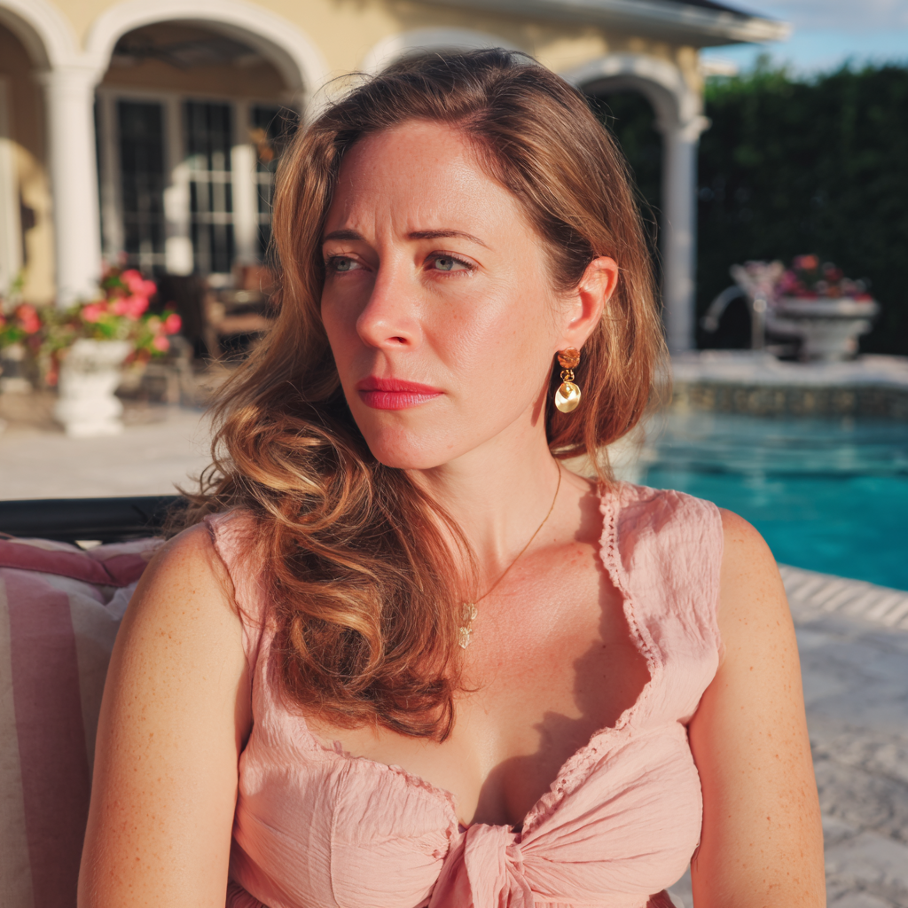 Eine stirnrunzelnde Frau, die an einem Pool sitzt | Quelle: Midjourney