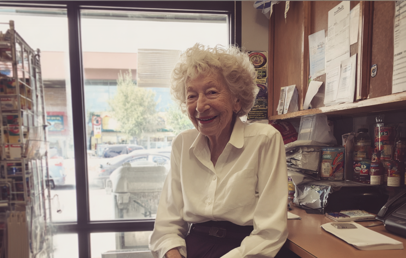 Eine lächelnde alte Frau, die in einem Büro sitzt | Quelle: Midjourney