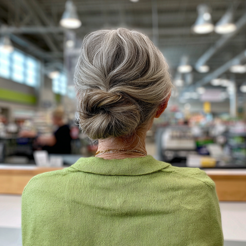 Die Rückansicht einer älteren Frau, die an einer Kasse steht | Quelle: Midjourney