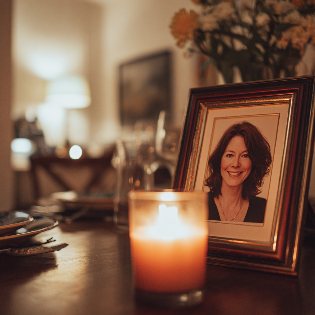 Eine brennende Kerze vor einem gerahmten Foto | Quelle: Midjourney