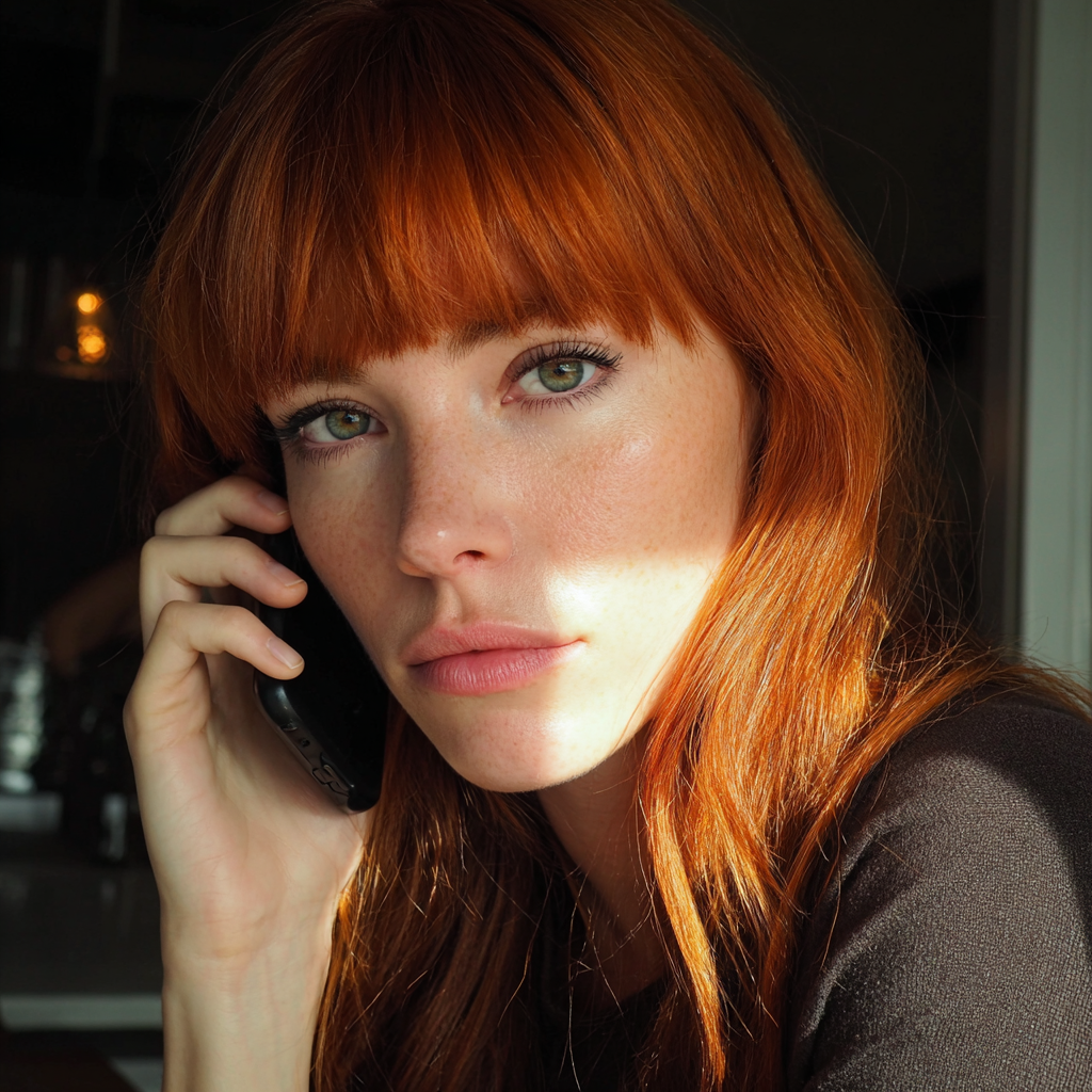 Eine Frau mit rotem Pony, die mit einem Handy telefoniert | Quelle: Midjourney