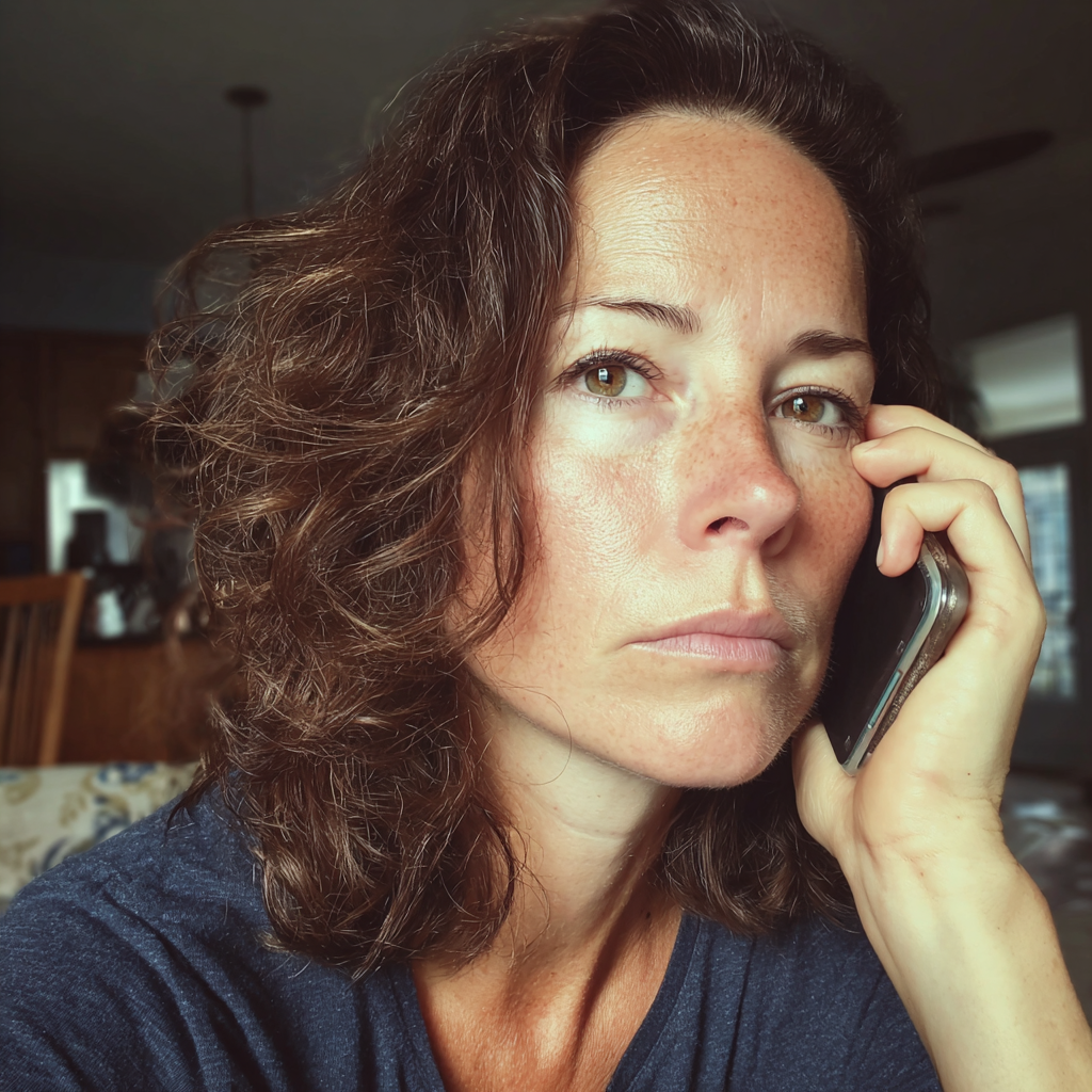 Eine Frau, die auf einer Couch sitzt und am Handy telefoniert | Quelle: Midjourney