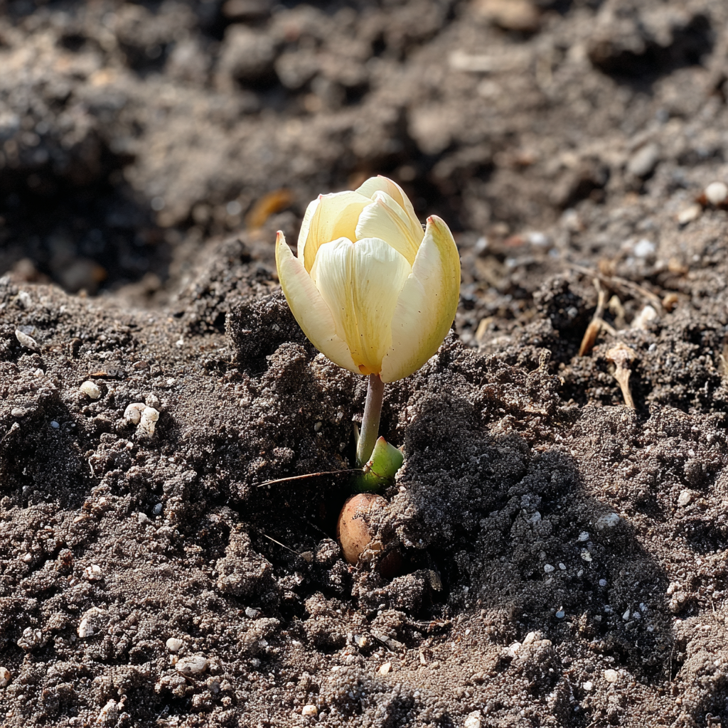 Eine blassgelbe Tulpe in der Erde | Quelle: Midjourney
