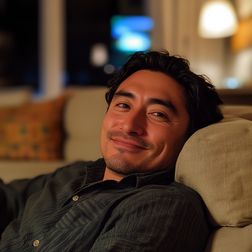 Ein lächelnder Mann, der auf einer Couch sitzt | Quelle: Midjourney