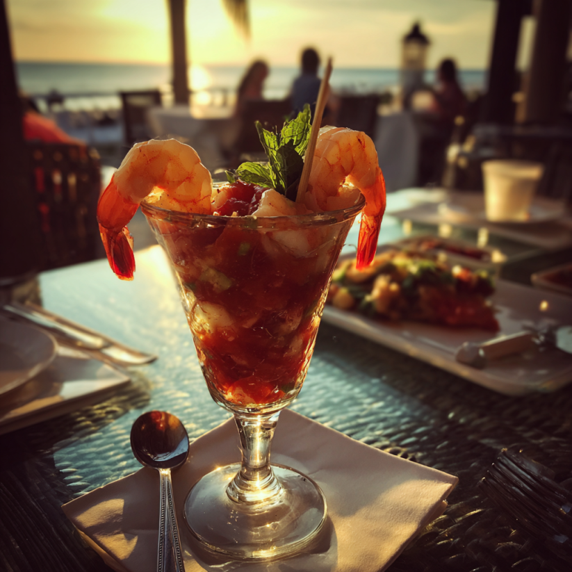 Ein Glas mit Krabbencocktail auf einem Tisch | Quelle: Midjourney