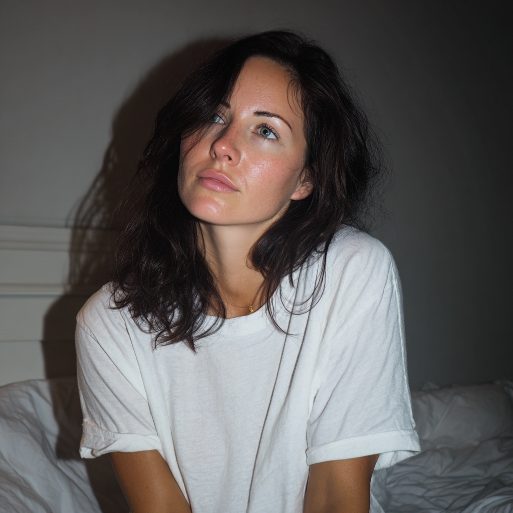 Eine Frau, die auf einem Bett sitzt | Quelle: Midjourney