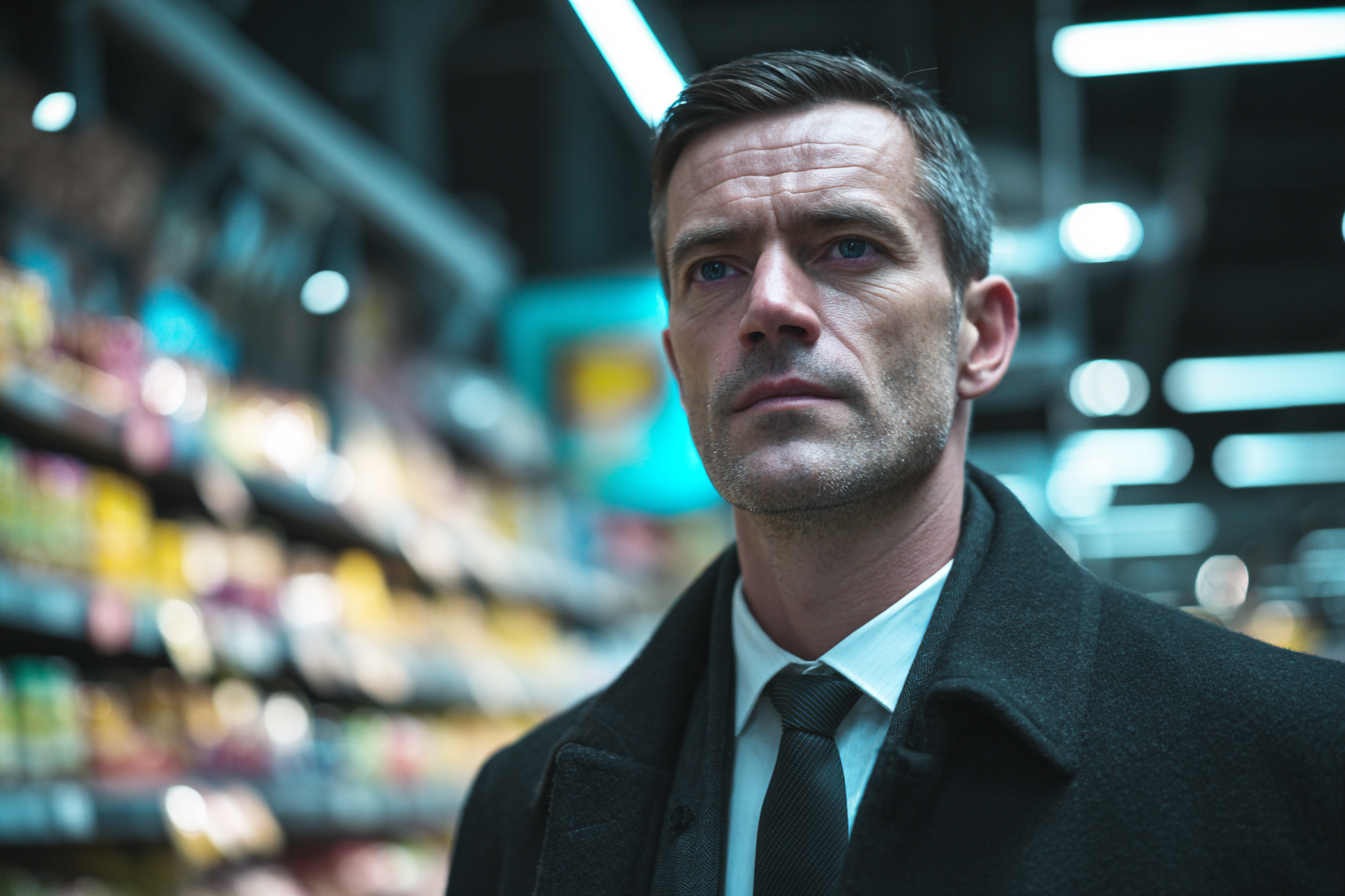 Ein Mann steht in einem Supermarkt | Quelle: Midjourney