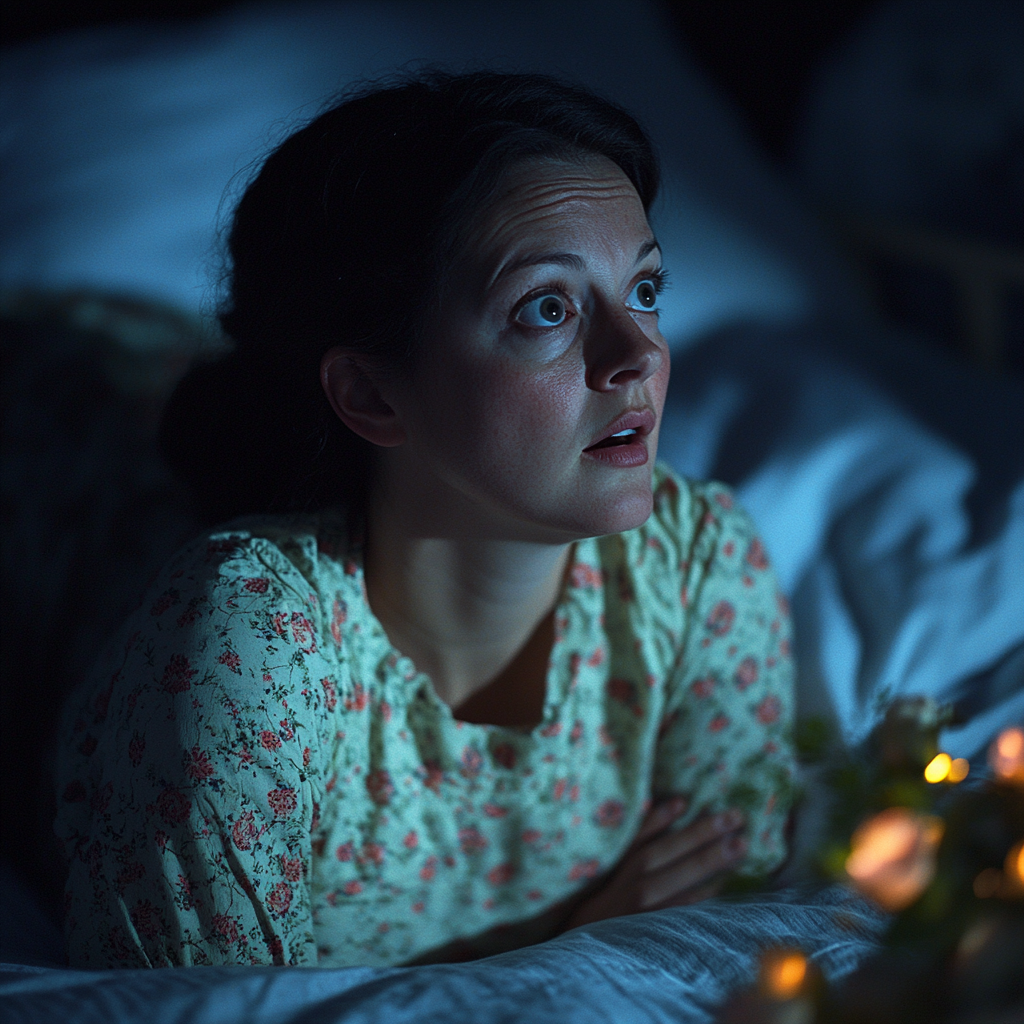 Eine geschockte Frau im Bett | Quelle: Midjourney