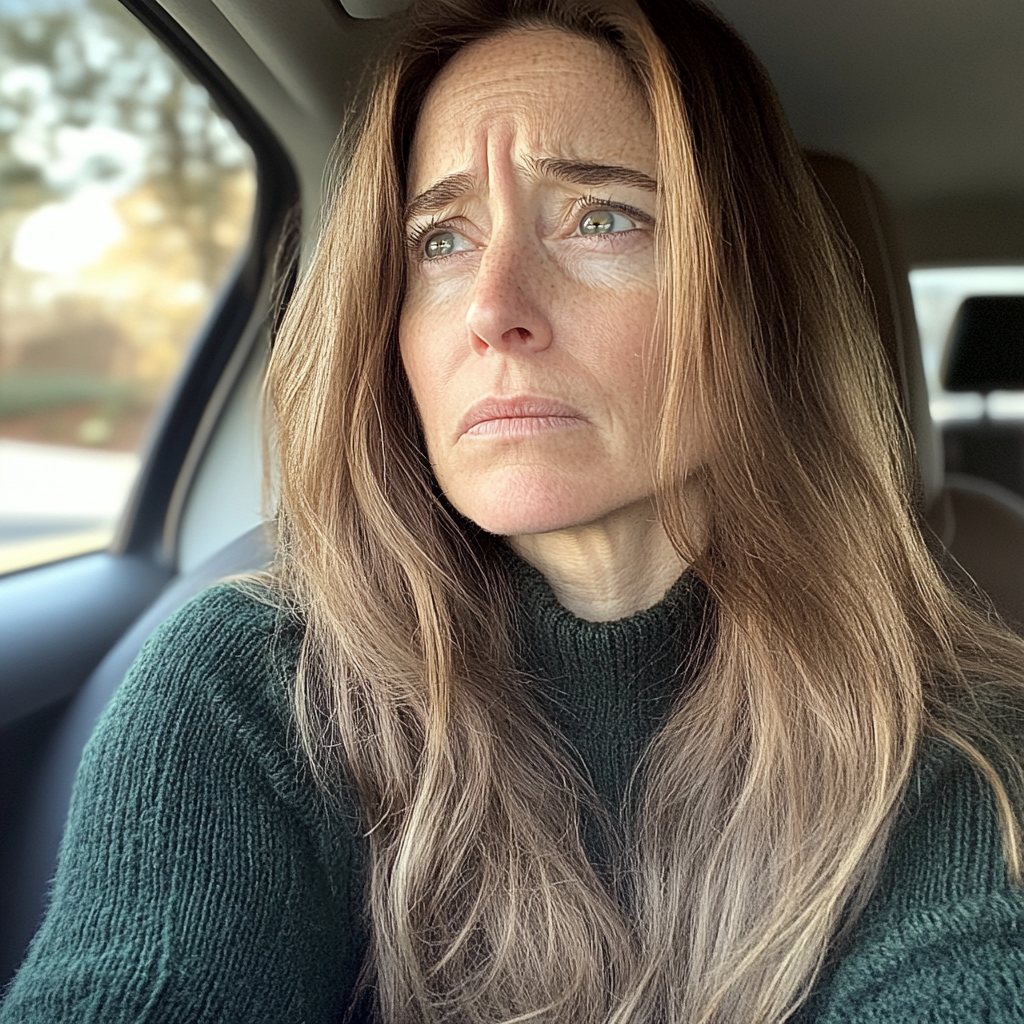 Eine emotionale Frau, die in einem Auto sitzt | Quelle: Midjourney