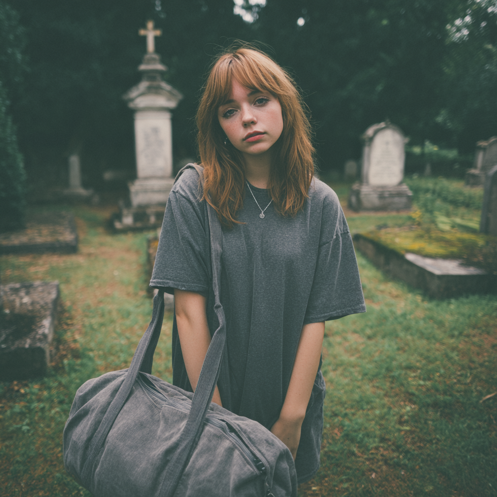 Eine junge Frau steht mit einem Seesack auf einem Friedhof | Quelle: Midjourney