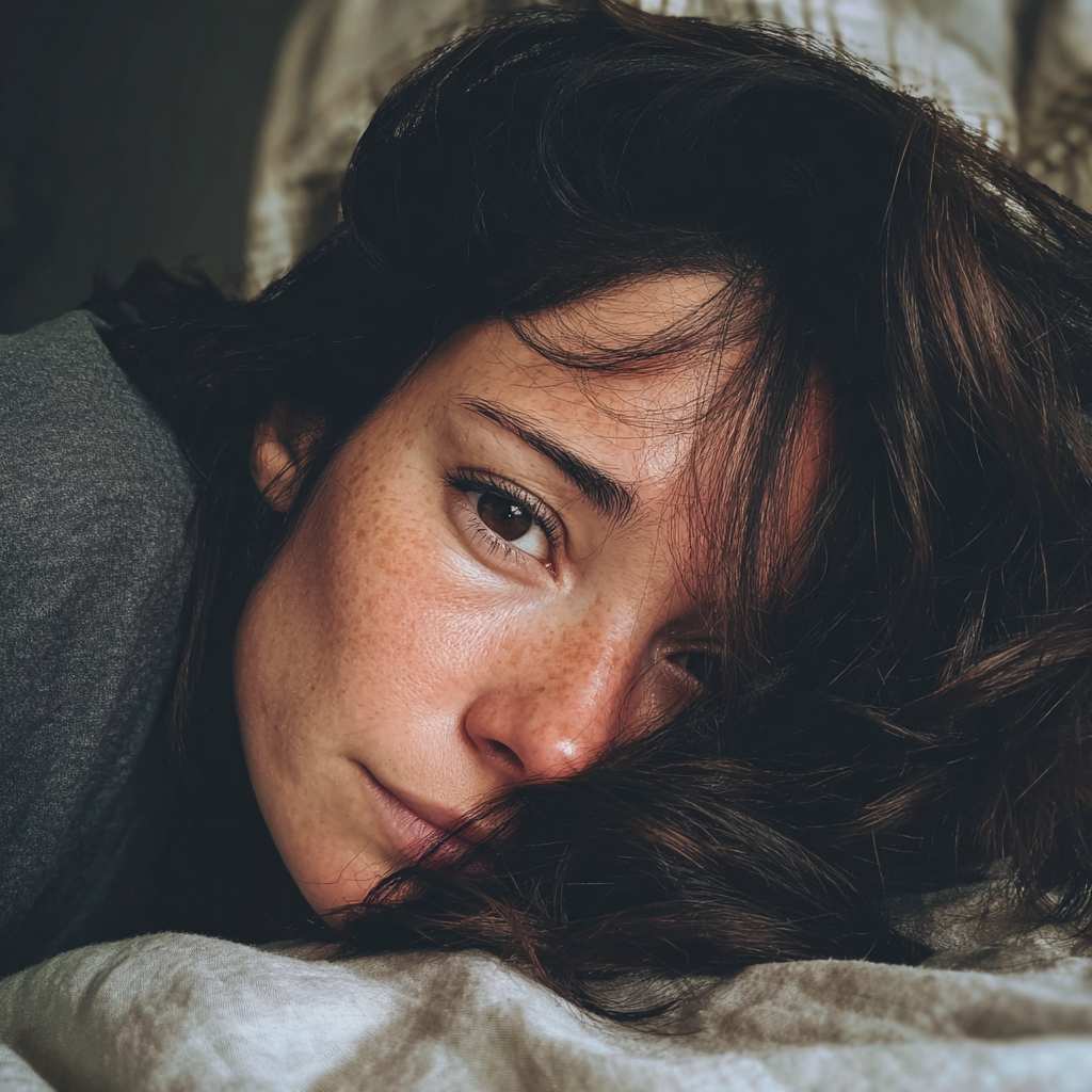 Eine Nahaufnahme einer Frau, die in ihrem Bett liegt | Quelle: Midjourney