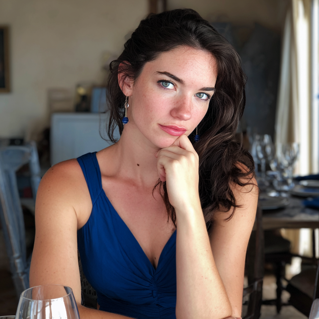 Eine Frau in einem blauen Kleid sitzt an einem Esstisch | Quelle: Midjourney