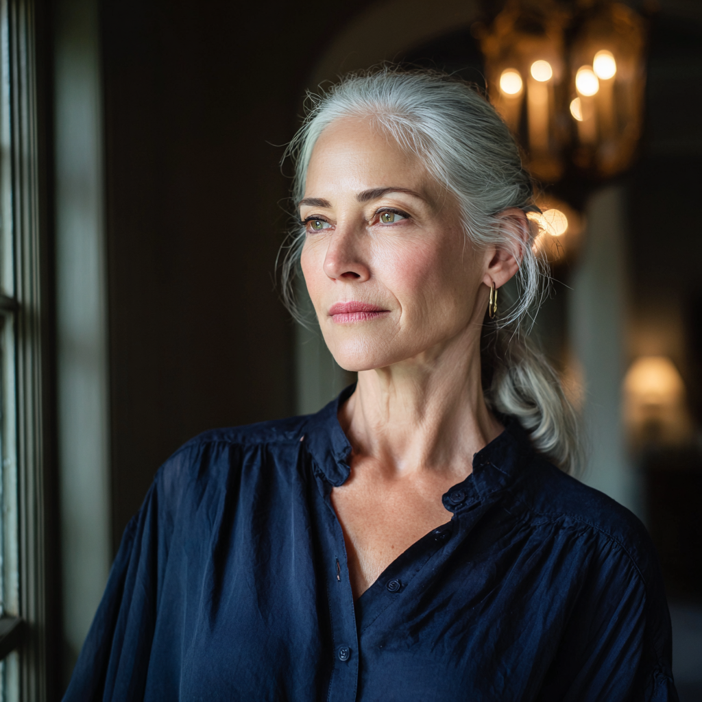 Eine ältere Frau steht in einem Foyer | Quelle: Midjourney