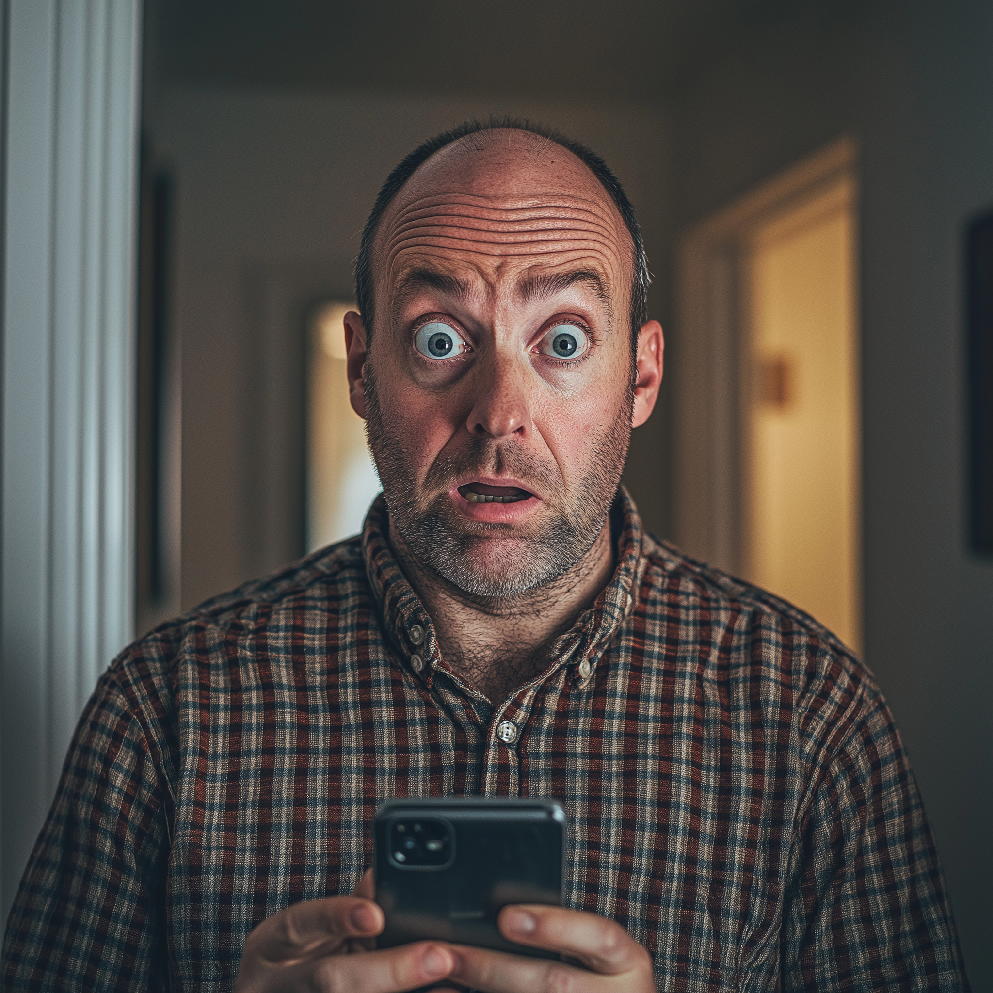 Ein Mann sieht etwas verwirrt und besorgt aus, während er auf sein Telefon schaut | Quelle: Midjourney