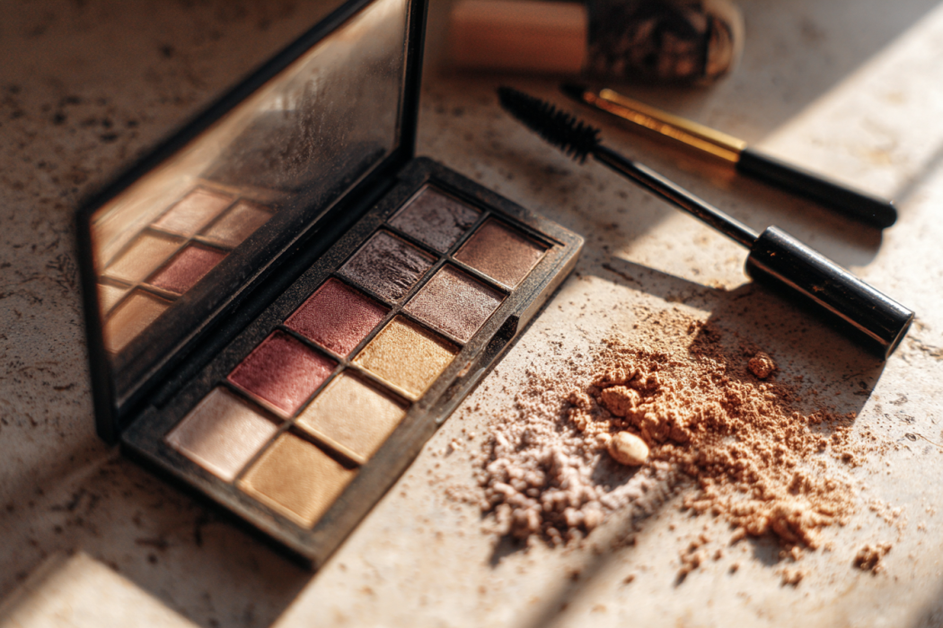 Offene Lidschattenpaletten, Mascarastifte und Puder liegen auf dem Badezimmerboden | Quelle: Midjourney
